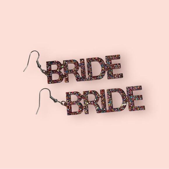 PINK MULTICOLOR GLITTER BRIDAL SHOWER BACHELORETTE BRIDE STATEMENT EARRINGS NEW - Picture 5 of 6